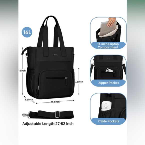 NWOT black lunch bag/work tote multi-pocket crossbody or shoulder strap bag - Picture 2 of 15